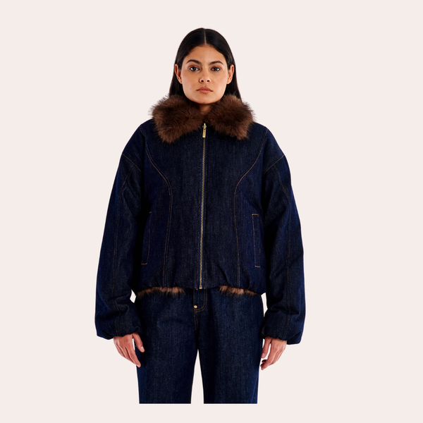 Blouson Bomber Réversible en Jean et Fourrure Synthétique